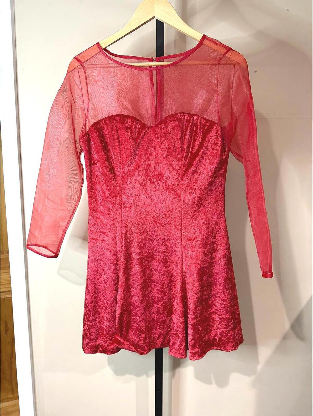 Vintage Red Velvet and Sheer Long Sleeve Dress Medium